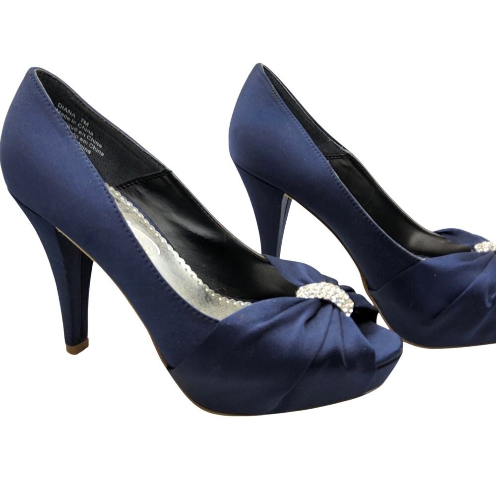 Michael Angelo "Diana" Blue Satin Rhinestone Studded Bow 4"H Stiletto Heels